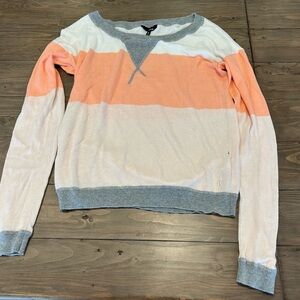 Hurley stripe sweater, women size small, white, peachy orange and grey
